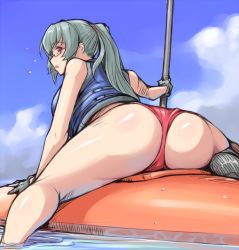 Rule 34 | 00s, 1girl, ass, bespectacled, bikini, blush, day, glasses, gloves, kayak, life vest, looking back, oar, aged up, ponytail, red eyes, rozen maiden, silver hair, sky, solo, suigintou, swimsuit, tsuda nanafushi, water