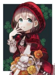 Rule 34 | 1girl, basket, blue eyes, blush, clover, dress, earrings, flower, hand up, highres, hood, idolmaster, idolmaster shiny colors, jewelry, light brown hair, little red riding hood, long sleeves, looking at viewer, open mouth, red dress, sasasasa, serizawa asahi, solo, standing