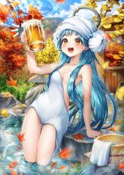 Rule 34 | 1girl, :d, absurdres, alcohol, arm support, autumn leaves, beer, beer mug, blue hair, blue sky, breasts, bun cover, cloud, cloudy sky, commentary request, covering privates, cup, day, double bun, hair bun, halo, highres, holding, holding cup, leaf, long hair, looking at viewer, maple leaf, menna (0012), mug, notice lines, nude cover, onsen, open mouth, original, outdoors, red eyes, sharp teeth, sky, small breasts, smile, solo, teeth, thick eyebrows, very long hair, water, wet