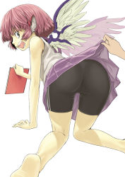 Rule 34 | 1girl, all fours, alternate costume, angry, animal ears, ass, bad id, bad pixiv id, barefoot, bike shorts, cameltoe, clothes lift, contemporary, fangs, female focus, looking back, mystia lorelei, pink hair, pleated skirt, shiba itsuki, short hair, simple background, skirt, skirt lift, solo, touhou, white background, wings