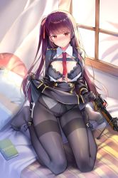 Rule 34 | 1girl, bed, black bra, black panties, black pantyhose, blush, book, bra, breasts, bullpup, cleavage, clothes lift, feet, full-face blush, girls&#039; frontline, gun, highres, lifted by self, long hair, long sleeves, looking at viewer, medium breasts, necktie, no shoes, open clothes, open shirt, panties, panties under pantyhose, pantyhose, pillow, purple hair, red eyes, rei (rei&#039;s room), rifle, sitting, skirt, skirt lift, sniper rifle, solo, underwear, very long hair, wa2000 (girls&#039; frontline), walther, walther wa 2000, wariza, weapon, window