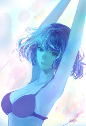 Rule 34 | 1girl, armpits, arms up, bikini, bikini top only, blue theme, breasts, cleavage, female focus, large breasts, looking at viewer, monochrome, original, parted lips, sakimori (hououbds), short hair, solo, spot color, swimsuit