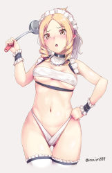 Rule 34 | 1girl, alternate costume, bare shoulders, blonde hair, blush, breasts, commentary request, cropped legs, enmaided, eromanga sensei, frilled thighhighs, frills, gluteal fold, grey background, groin, hand on own hip, highres, holding, kudou maimu, ladle, long hair, looking at viewer, maid, maid headdress, medium breasts, navel, nose blush, open mouth, pointy ears, ringlets, simple background, solo, thigh gap, thighhighs, twitter username, white thighhighs, wrist cuffs, yamada elf