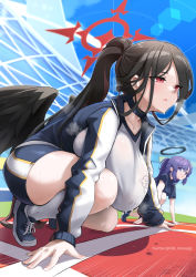 Rule 34 | 1girl, black hair, blue archive, blush, breasts, halo, hasumi (blue archive), hasumi (track) (blue archive), highres, hm (hmongt), huge breasts, jacket, large breasts, mole, mole under eye, open clothes, open jacket, ponytail, red eyes, shirt, solo, track jacket, white shirt, wings, yuuka (blue archive), yuuka (track) (blue archive)