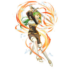 Rule 34 | 1girl, armor, belt, boots, breastplate, breasts, dress, energy, feathers, female focus, fire emblem, fire emblem: the sacred stones, fire emblem heroes, gloves, green eyes, green hair, headband, high heel boots, high heels, holding, holding sword, holding weapon, long hair, matching hair/eyes, medium breasts, nintendo, official art, open mouth, orange headband, pantyhose, pencil dress, raise sword, sheath, sheathed, solo, swinging, sword, syrene (fire emblem), teeth, thigh boots, upper teeth only, v-shaped eyebrows, weapon, white background, white footwear, white gloves