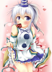 Rule 34 | 1girl, blush, candy, chocolate, chocolate heart, clothes lift, detached sleeves, female focus, food, hat, hat ribbon, heart, kuzumomo, long sleeves, looking at viewer, mononobe no futo, mouth hold, ponytail, purple eyes, ribbon, shirt, silver hair, skirt, skirt lift, solo, touhou, wide sleeves