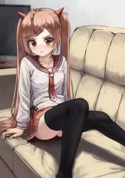 Rule 34 | 1girl, ahoge, arm support, ass, black thighhighs, blush, breast pocket, breasts, brown eyes, brown hair, closed mouth, collarbone, commentary request, couch, fagi (kakikaki), frown, hair ornament, hairclip, heart, heart hair ornament, hidan no aria, horns, indoors, kanzaki h. aria, long hair, long sleeves, looking at viewer, miniskirt, necktie, on couch, pink hair, pleated skirt, pocket, red eyes, red necktie, red skirt, ribbon, sailor collar, school uniform, serafuku, shirt, sitting, skirt, small breasts, solo, thighhighs, twintails, white shirt