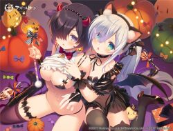 Rule 34 | 2girls, animal ear legwear, animal ears, azur lane, bell, black choker, black dress, black footwear, black hair, black thighhighs, blue eyes, boots, bow, bowtie, box, breasts, bridal gauntlets, candy, cat ear legwear, choker, clothes lift, collarbone, copyright notice, demon horns, dress, earrings, eyes visible through hair, fake animal ears, fake horns, gift, gift box, grey hair, hair ribbon, halloween, hand on another&#039;s stomach, hat, high heels, holding, holding wand, horns, jack-o&#039;-lantern, jack-o&#039;-lantern earrings, janus (azur lane), janus (fright-night scaredy-cat) (azur lane), jervis (azur lane), jewelry, knee boots, large breasts, lifting another&#039;s clothes, long hair, manjuu (azur lane), medium breasts, multiple girls, navel, neck bell, official alternate costume, official art, open mouth, orange bow, purple eyes, red bow, red bowtie, ribbon, santa matsuri, second-party source, see-through, shirt lift, short hair, single thighhigh, thighhighs, wand, witch hat, wrapped candy
