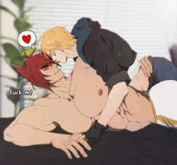 Rule 34 | 2boys, abs, animal ears, ass, bara, bed, black gloves, black jacket, black pants, blonde hair, english text, eye contact, ezreal, facial mark, fingerless gloves, gloves, heart, hood, hooded jacket, jacket, large pectorals, league of legends, looking at another, lying, lying on person, male focus, multiple boys, muscular, muscular male, nipples, on bed, on stomach, pants, pectorals, red hair, ryub, seductive smile, sett (league of legends), short hair, smile, white pants, yaoi
