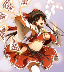 Rule 34 | 1girl, armpits, bad id, bad pixiv id, bare shoulders, black hair, bow, breasts, brown hair, cleavage, detached sleeves, female focus, gohei, hair bow, hair tubes, hakurei reimu, highres, japanese clothes, large breasts, long hair, midriff, miko, navel, no bra, nontraditional miko, ofuda, open clothes, open mouth, ponytail, red eyes, satofuji masato, skirt, skirt set, smile, solo, thighhighs, touhou, underboob, white thighhighs