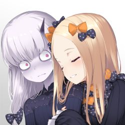 Rule 34 | 2girls, abigail williams (fate), arm hug, bags under eyes, batsu, black bow, black dress, blonde hair, blush, bow, closed eyes, closed mouth, commentary request, dress, fate/grand order, fate (series), forehead, gradient background, grey background, hair bow, highres, horns, lavinia whateley (fate), long hair, long sleeves, looking at another, multiple girls, no headwear, nose blush, orange bow, pale skin, parted bangs, parted lips, pink eyes, polka dot, polka dot bow, silver hair, single horn, sleeves past fingers, sleeves past wrists, smile, sweat, wavy mouth, white background, wide-eyed