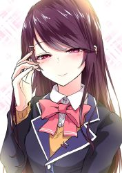 Rule 34 | 1girl, black jacket, blush, bow, bowtie, breasts, brown hair, collar, commentary request, gundou mirei, hair ornament, hairclip, half-closed eyes, hand in own hair, highres, jacket, long hair, long sleeves, looking at viewer, medium breasts, multicolored background, nijisanji, pink background, raised eyebrow, red bow, red bowtie, red eyes, ricochet-gou, school uniform, smile, solo, sweater, tsukino mito, tsukino mito (1st costume), upper body, very long hair, virtual youtuber, white background, white collar