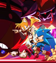 Rule 34 | 4boys, dr. eggman, floating, furry, furry male, glasses, gliding, gloves, grin, heavy king, highres, knuckles the echidna, kornart, multiple boys, phantom ruby, pointing, robot, shoes, smile, sonic (series), sonic mania, sonic the hedgehog, sonic the hedgehog (classic), tails (sonic), upside-down, white gloves