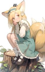 Rule 34 | 1girl, absurdres, animal ear fluff, animal ears, ankle socks, aqua hairband, aqua skirt, arknights, black cat, blonde hair, blush, bobby socks, brown footwear, cat, closed mouth, commentary, cross-laced clothes, cross-laced skirt, cross-laced slit, crossover, fox ears, fox girl, fox tail, frilled hairband, frills, full body, green eyes, hairband, heixiu, high-waist skirt, highres, kitsune, knees up, kyuubi, luo xiaohei zhanji, mary janes, multicolored hair, multiple tails, official alternate costume, on head, shoes, simple background, sitting, skirt, sleeves past wrists, socks, solo, suzuran (arknights), suzuran (spring praise) (arknights), sweater, tail, tree stump, two-tone hair, welt (kinsei koutenkyoku), white background, white hair, white socks, white sweater