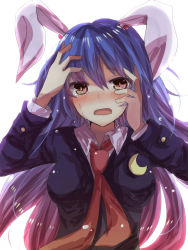 Rule 34 | 1girl, animal ears, blazer, blush, breasts, crescent, crying, crying with eyes open, female focus, jacket, long hair, medium breasts, necktie, open mouth, purple hair, rabbit ears, red eyes, red necktie, reisen udongein inaba, sakuzora, solo, tears, touhou
