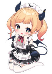Rule 34 | 1girl, aged down, apron, black dress, blonde hair, blue eyes, blush, chibi, cleavage, commentary request, demon girl, demon horns, demon tail, demon wings, dress, drooling, full body, gradient hair, hands on own cheeks, hands on own face, hololive, horns, long hair, long sleeves, looking at viewer, maid, maid headdress, mouth drool, multicolored hair, no shoes, nyasunyadoora, open mouth, pointy ears, red hair, see-through, see-through cleavage, sidelocks, signature, simple background, sitting, solo, tail, thighhighs, twintails, virtual youtuber, wariza, white apron, white background, white thighhighs, wings, yuzuki choco, yuzuki choco (maid)