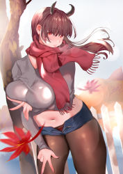 Rule 34 | 1girl, absurdres, arm under breasts, autumn, autumn leaves, black pantyhose, branch, breasts, brown eyes, brown hair, grey sweater, hair lift, hand on own thigh, highres, horns, inushima, large breasts, leaf, long hair, maple leaf, midriff, nail polish, navel, original, pantyhose, pink lips, pink nails, red scarf, ribbed sweater, scarf, short shorts, shorts, standing, sweater