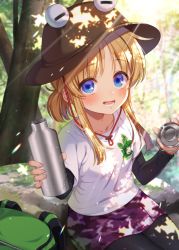 Rule 34 | 1girl, absurdres, black pantyhose, black shirt, blonde hair, blue eyes, blush, bottle, breasts, brown hat, commentary request, contemporary, dappled sunlight, day, green bag, hat, highres, holding, holding bottle, long sleeves, looking at viewer, moriya suwako, nora wanko, outdoors, pantyhose, purple skirt, shirt, sitting, skirt, smile, solo, sunlight, sweat, t-shirt, touhou, tree