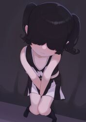 Rule 34 | 1girl, absurdres, alternate costume, alternate hairstyle, arms between legs, bed, bedroom, black hair, black shirt, black skirt, black socks, blunt bangs, blush, cheerleader, commentary request, dekasuji, facing viewer, female focus, from above, frown, hair over eyes, highres, indoors, knees together feet apart, looking at viewer, lucy loud, multicolored clothes, multicolored skirt, no shoes, pleated skirt, shirt, sitting, skirt, sleeveless, sleeveless shirt, socks, solo, the loud house, twintails, variant set, white skirt