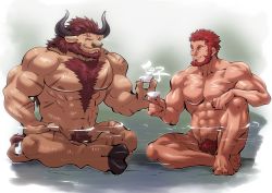 Rule 34 | 2boys, abs, animal ears, bara, beard, chest hair, commission, completely nude, cow ears, cow horns, cow tail, crossed legs, cup, facial hair, fate/zero, fate (series), furry, furry male, grin, highres, horns, iskandar (fate), large pectorals, male focus, male pubic hair, mature male, minotaur, multiple boys, muscular, muscular male, navel, nipples, nude, original, partially submerged, pectorals, pubic hair, red eyes, red hair, sakazuki, scar, scar on chest, shirako (kirupi), short hair, skeb commission, smile, stomach, tail, translation request