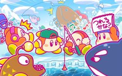 Rule 34 | acro (kirby), anglerfish, backwards hat, barbar (kirby), baseball cap, beanie, blipper, blue hat, blue sky, blush stickers, bow, bowtie, bucket, cloud, commentary request, eel, fish, fishing, fishing rod, glunk (kirby), goggles, green hat, hat, headphones, ice, ice fishing, jitome, kirby (series), nintendo, no humans, notepad, official art, orca, red neckwear, sitting, sky, spilling, squibby, surprised, sweet stuff, waddle dee
