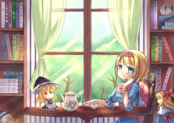 Rule 34 | 00s, 1girl, alice margatroid, amemiya ruki, apron, ascot, blonde hair, blue eyes, blue sky, book, bookshelf, bow, capelet, chair, character doll, clannad, cup, curtains, dango daikazoku, day, doraemon, doraemon (character), dress, female focus, forest, hair bow, hand on own face, hat, headband, kirisame marisa, light particles, light smile, looking at viewer, nature, sash, shanghai doll, short hair, sitting, sky, stuffed animal, stuffed toy, table, teacup, teapot, teddy bear, touhou, vest, window, witch hat, yellow eyes