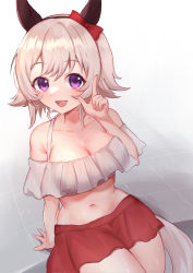 Rule 34 | 1girl, absurdres, alternate costume, animal ears, breasts, chan hone pkpk, cleavage, collarbone, commentary request, curren chan (umamusume), headband, highres, horse ears, horse girl, horse tail, looking at viewer, medium breasts, navel, purple eyes, ribbon, short hair, silver hair, sitting, solo, tail, umamusume