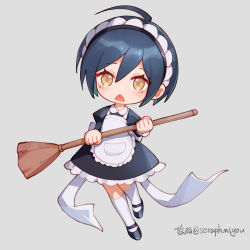 Rule 34 | ahoge, alternate costume, apron, black footwear, blush, broom, chibi, commentary request, danganronpa (series), danganronpa v3: killing harmony, dress, ewa (seraphhuiyu), frills, full body, grey background, holding, holding broom, juliet sleeves, long sleeves, maid, maid apron, maid headdress, open mouth, puffy sleeves, saihara shuichi, shoes, short hair, simple background, solo, thighhighs, triangle mouth, white apron, white thighhighs
