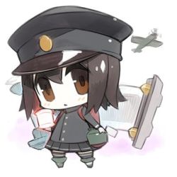 Rule 34 | 10s, 1girl, :&lt;, akitsu maru (kancolle), bad id, bad twitter id, black hair, black skirt, brown eyes, chibi, colored skin, hat, kantai collection, lowres, military, military uniform, minono aki, open mouth, peaked cap, pleated skirt, short hair, simple background, skirt, solo, triangle mouth, uniform, white background, white skin