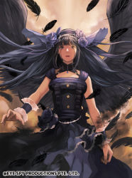 Rule 34 | 1girl, black dress, black hair, black wings, blunt bangs, breasts, brown eyes, copyright name, dress, fallen angel, feathered wings, feathers, force of will, headdress, looking at viewer, medium breasts, muraicchi (momocchi), official art, solo, wings, wrist cuffs