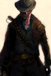Rule 34 | 1boy, absurdres, character request, cowboy, cowboy hat, cowboy western, fallout (series), ghoul, hat, highres, looking at viewer, mmmotionnn, repeating rifle, simple background, solo, tagme, upper body, western