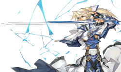 Rule 34 | 1boy, belt, blonde hair, blue eyes, buckle, electricity, fingerless gloves, fingernails, gloves, guilty gear, guilty gear xrd, hair between eyes, highres, holding, holding sword, holding weapon, ky kiske, long hair, long sleeves, looking to the side, male focus, min (minyinr), ponytail, solo, spiked hair, standing, sword, weapon, white background