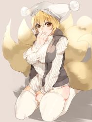 Rule 34 | 1girl, alternate costume, alternate eye color, amua, animal ears, animal hat, bad id, bad pixiv id, between legs, blonde hair, bottomless, breast press, breasts, brown eyes, buttons, clenched hand, covering privates, covering crotch, female focus, fox ears, fox tail, full body, grey background, hair between eyes, hand between legs, hand to own mouth, hat, large breasts, long sleeves, looking at viewer, mob cap, multiple tails, open clothes, open vest, ribbed sweater, seiza, shadow, shirt, shirt tug, short hair, simple background, sitting, solo, sweater, tail, taut clothes, taut shirt, thick thighs, thighhighs, thighs, touhou, turtleneck, unbuttoned, vest, white thighhighs, yakumo ran, yellow eyes