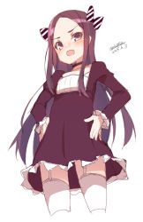 Rule 34 | 1girl, :d, black choker, black dress, blush, brown hair, choker, cropped legs, dated, diagonal stripes, dress, fang, garter straps, hair ribbon, hands on own hips, long hair, long sleeves, looking at viewer, maze (gochama ze gohan), open mouth, original, purple eyes, ribbon, signature, simple background, sketch, smile, solo, striped ribbon, thighhighs, very long hair, white background, white thighhighs