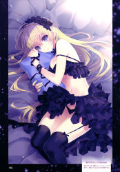 Rule 34 | 1girl, absurdres, arm ribbon, black bow, black panties, black ribbon, black shirt, black skirt, black thighhighs, blonde hair, bow, bra, breasts, cleavage, clothes lift, cowboy shot, frilled skirt, frills, garter straps, gothic lolita, hairband, highres, holding, holding pillow, indoors, lolita fashion, lolita hairband, long hair, looking at viewer, lying, medium breasts, midriff, on side, original, panties, parted lips, pillow, purple eyes, ribbon, shirt, skirt, skirt lift, solo, suzuhira hiro, thighhighs, translation request, underwear