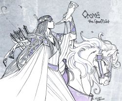 Rule 34 | 1boy, arrow (projectile), cape, character name, dated, from side, grey background, holding, holding instrument, horn (instrument), horse, instrument, kazuki-mendou, long hair, male focus, monochrome, music, orome, playing instrument, purple theme, quiver, signature, solo, the silmarillion, tolkien&#039;s legendarium, tolkien's legendarium, very long hair