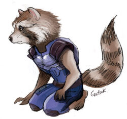 1boy animal_ears artist_name barefoot brown_eyes commentary_request furry furry_male guardians_of_the_galaxy kandagawa_gufu kneeling male_focus marvel marvel_cinematic_universe profile raccoon_boy raccoon_ears raccoon_tail rocket_raccoon shirt sleeveless sleeveless_shirt tail whiskers white_background