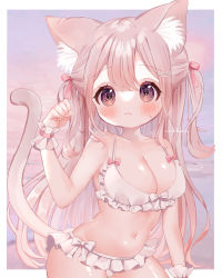 Rule 34 | 1girl, animal ear fluff, animal ears, arm up, bikini, blush, breasts, brown eyes, brown hair, cat ears, cat girl, cat tail, cleavage, clenched hand, frilled bikini, frills, hair ornament, hairclip, highres, large breasts, long hair, medium breasts, miwachi (38mofu), navel, original, paw pose, ribbon, solo, swimsuit, tail, thighs, two side up, upper body, very long hair, white bikini