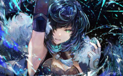 Rule 34 | 1girl, arm up, armpits, black background, black hair, blue hair, breasts, cleavage, dice, fingerless gloves, genshin impact, gloves, green eyes, highres, holding dice, jacket, jewelry, looking at viewer, medium breasts, mole, mole on breast, multicolored hair, open mouth, short hair, solo, sparkle, tassel, tgf pic, twitter username, upper body, water, water drop, wet, white gloves, white jacket, yelan (genshin impact)