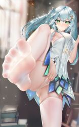 Rule 34 | 1girl, aqua hair, aqua nails, breasts, closed mouth, clothing cutout, cowlick, dress, faruzan (genshin impact), feet, foot out of frame, genshin impact, green eyes, hair ornament, hand on own crotch, highres, kamue, leg up, legs, light rays, long hair, looking at viewer, medium breasts, no shoes, panties, shoulder cutout, sidelocks, soles, solo, spread toes, standing, standing on one leg, symbol-shaped pupils, thighhighs, toes, triangle-shaped pupils, twintails, underwear, white dress, white panties, white thighhighs, x hair ornament