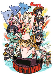 Rule 34 | 6+girls, absurdres, alternate costume, animal ears, animal print, antelope ears, antenna hair, appleq, armpits, arms behind head, arms up, australian devil (kemono friends), back bow, bare arms, bare legs, bare shoulders, bikini, bikini skirt, black eyes, black hair, blackbuck (kemono friends), blank eyes, blonde hair, blood, blush, bow, breasts, brown eyes, cat ears, cat girl, cat tail, cleavage, emperor penguin (kemono friends), eyepatch, fang, floral print, food, gentoo penguin (kemono friends), ghost, giving up the ghost, glasses, green hair, grin, hair between eyes, hair bow, hair over one eye, halo, hand fan, hat, headphones, highres, holding, holding fan, hood, hood up, hoodie, humboldt penguin (kemono friends), japari bun, japari symbol, jumping, kemono friends, light brown hair, long hair, looking at another, looking at viewer, margay (kemono friends), medical eyepatch, medium hair, mouth hold, multicolored hair, multiple girls, navel, nose blush, nosebleed, open clothes, open hoodie, open mouth, orange hair, penguins performance project (kemono friends), pink hair, polka dot, polka dot bow, print bikini, print swimsuit, red hair, rockhopper penguin (kemono friends), royal penguin (kemono friends), sand cat (kemono friends), sand cat print, sandals, scrunchie, semi-rimless eyewear, shorts, smile, snake tail, sparkle, splashing, stage, standing, stomach, straw hat, streaked hair, striped tail, swept bangs, swimsuit, tail, tasmanian devil (kemono friends), tasmanian devil ears, tasmanian devil tail, toes, tsuchinoko (kemono friends), twintails, two-tone hair, under-rim eyewear, wading, water, white hair, wrist scrunchie, yellow eyes