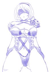 Rule 34 | 1girl, absurdres, alternate costume, android, armor, breasts, cleavage, covered eyes, female focus, hair over one eye, hairband, highres, isabella valentine, looking at viewer, monochrome, nier (series), nier:automata, picantium, simple background, solo, soul calibur, soulcalibur vi, swap, white background, wide hips, 2b (nier:automata)