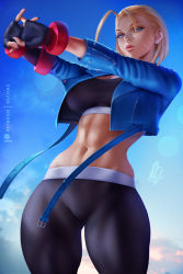 Rule 34 | 1girl, abs, antenna hair, black pants, blonde hair, blue eyes, blue jacket, breasts, cammy white, cowboy shot, cropped jacket, fingerless gloves, gloves, jacket, large breasts, looking at viewer, midriff, navel, olchas, pants, parted lips, patreon username, short hair, signature, skin tight, skindentation, solo, sports bra, sportswear, stomach, street fighter, street fighter 6, stretching, thighs, tight clothes, tight pants, toned
