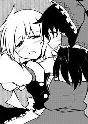 2girls blush bow detached_sleeves female_focus food_in_mouth greyscale hair_bow hakurei_reimu japanese_clothes kirisame_marisa miko mochizuki_ado monochrome mouth_hold multiple_girls no_headwear no_headwear touhou