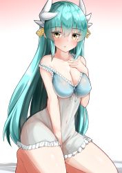 Rule 34 | 1girl, absurdres, aqua hair, babydoll, bare legs, barefoot, between legs, blush, bottomless, breasts, cleavage, collarbone, commentary request, covered erect nipples, covered navel, dragon girl, dragon horns, fate (series), frilled babydoll, hair ornament, hand between legs, hand on own chest, highres, horns, kiyohime (fate), kneeling, long hair, looking at viewer, medium breasts, moyoron, navel, open mouth, ribbon, see-through, shiny skin, simple background, solo, strap slip, very long hair, white background, white ribbon, yellow eyes