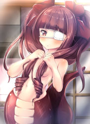 Rule 34 | 1girl, blunt bangs, blush, bow, breasts, brown hair, closed mouth, commentary request, eyepatch, gc3, hair bow, hair censor, hair over breasts, hanazono yurine, hands up, highres, holding, holding own hair, indoors, jashin-chan dropkick, lamia, long hair, looking at viewer, medical eyepatch, monster girl, monsterification, navel, nude, red bow, ringlets, small breasts, snake tail, solo, tail, tail raised, twintails, very long hair