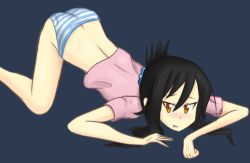 Rule 34 | 1girl, all fours, amakusa shino, artist request, ass, back, black hair, blue background, blush, dot nose, feet out of frame, from side, looking at viewer, looking to the side, midriff, multicolored clothes, multicolored panties, multicolored underwear, naughty face, open mouth, orange eyes, panties, pink shirt, print clothes, print panties, print underwear, seitokai yakuindomo, shirt, simple background, solo, striped clothes, striped panties, top-down bottom-up, underwear, yellow eyes
