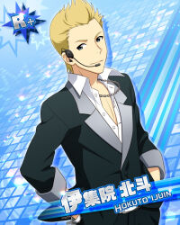 Rule 34 | 1boy, blackish 961sp (idolmaster), blonde hair, blue background, blue eyes, card (medium), character name, collared shirt, hands in pockets, headset, idolmaster, idolmaster side-m, ijuuin hokuto, male focus, official art, shirt, smile, solo