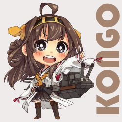 Rule 34 | 10s, 1girl, ahoge, black eyes, boots, brown hair, chibi, detached sleeves, double bun, hair ornament, hairband, kantai collection, kongou (kancolle), long sleeves, nontraditional miko, personification, pleated skirt, skirt, solo, thigh boots, thighhighs, umino mokuzu (shizumisou), wide sleeves, zettai ryouiki