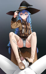 Rule 34 | 1boy, 1girl, black background, black headwear, black ribbon, blue eyes, blue hair, bootjob, boots, bow, bow panties, braid, brown cape, cape, censored, chubb, closed mouth, crossed bangs, footjob, full body, gradient background, hair between eyes, hair ornament, hair ribbon, hat, high heel boots, high heels, highres, long braid, long sleeves, looking at viewer, mosaic censoring, mushoku tensei, panties, penis, pov, pov crotch, ribbon, roxy migurdia, simple background, sitting, solo focus, thigh boots, thighs, twin braids, underwear, white panties, witch hat